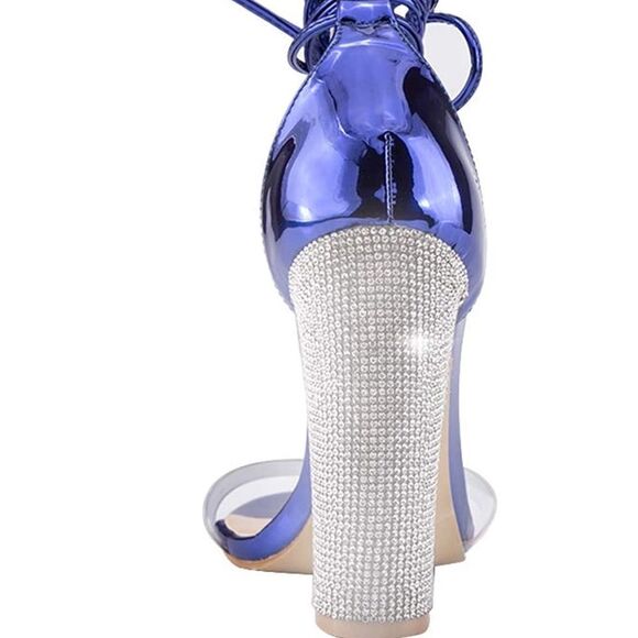 Blue High Heels Sandals with Rhinestone Block Heel & Strappy Adjustable Ankle - Picture 4 of 8